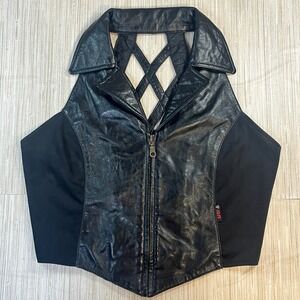 Arlen Ness Bikerwear Leather Halter Top Cage Back Zip Front Black Womens Large